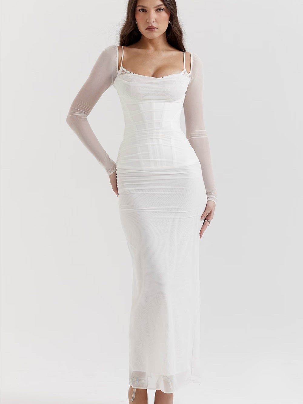 House of CB Katarina White Lace Trim Boned Corset Maxi Dress